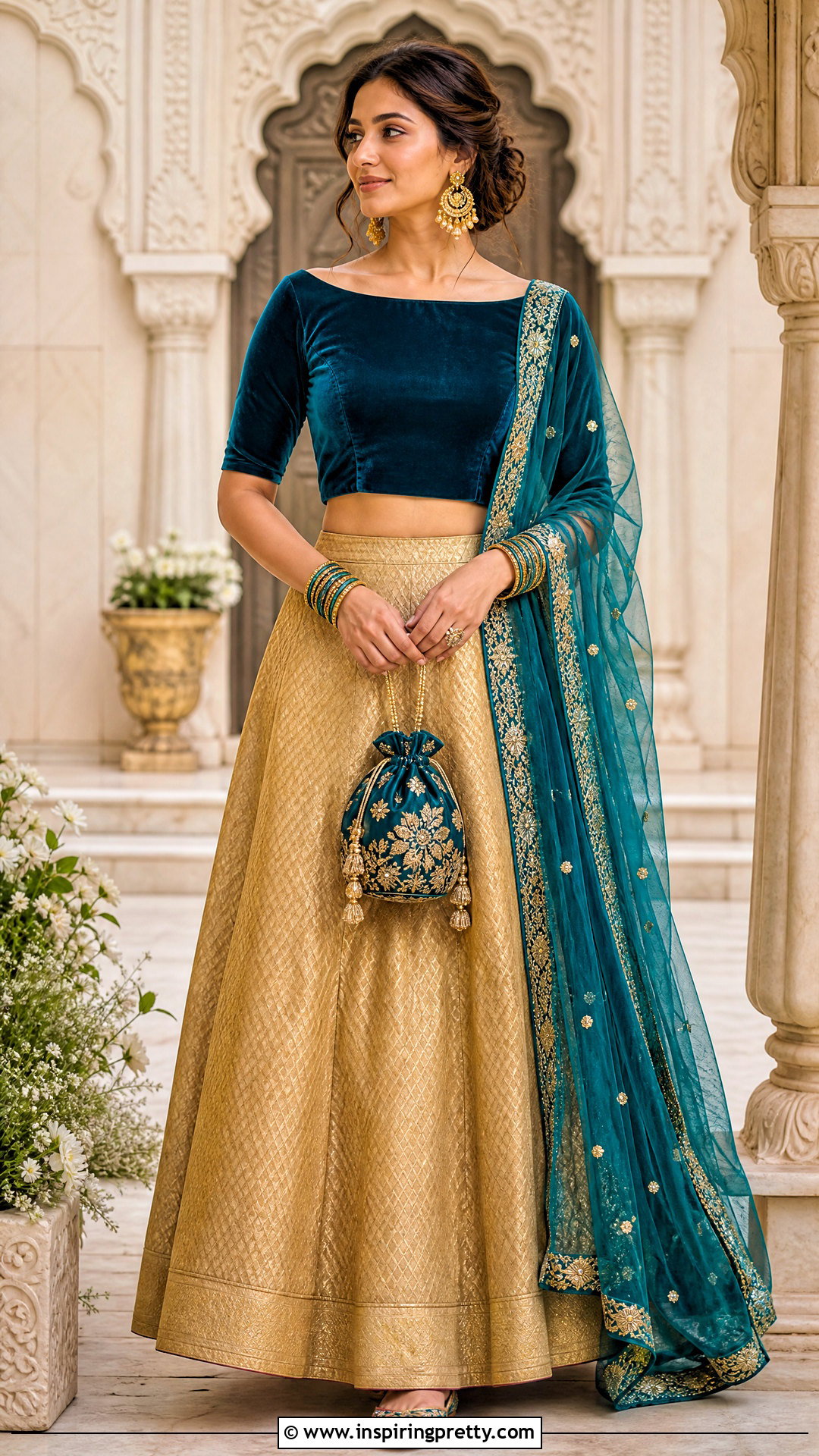 Boat Neck Velvet Crop Top With Silk Lehenga - 50 velvet crop top designs for lehengas