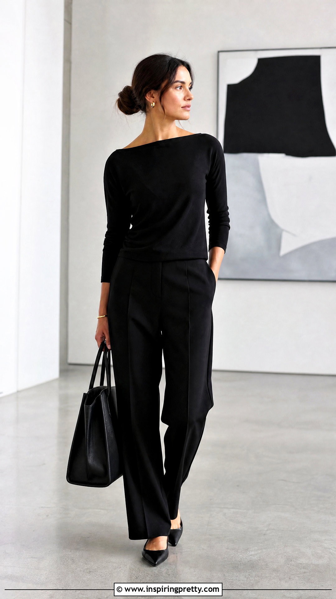 Boatneck Top With Black Trousers Outfit - 50 aesthetic tops outfit ideas