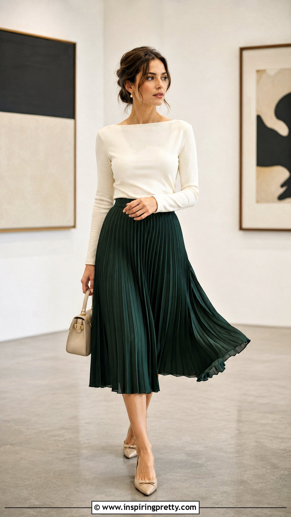 Boatneck Top With Pleated Midi Skirt - 50 boatneck top outfit ideas