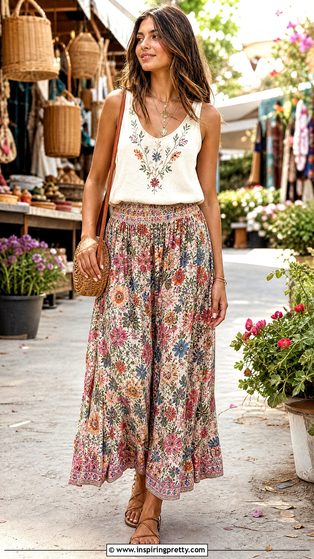 Bohemian Tank Top With Floral Maxi Skirt - 25 Bohemian Tank Tops outfit ideas