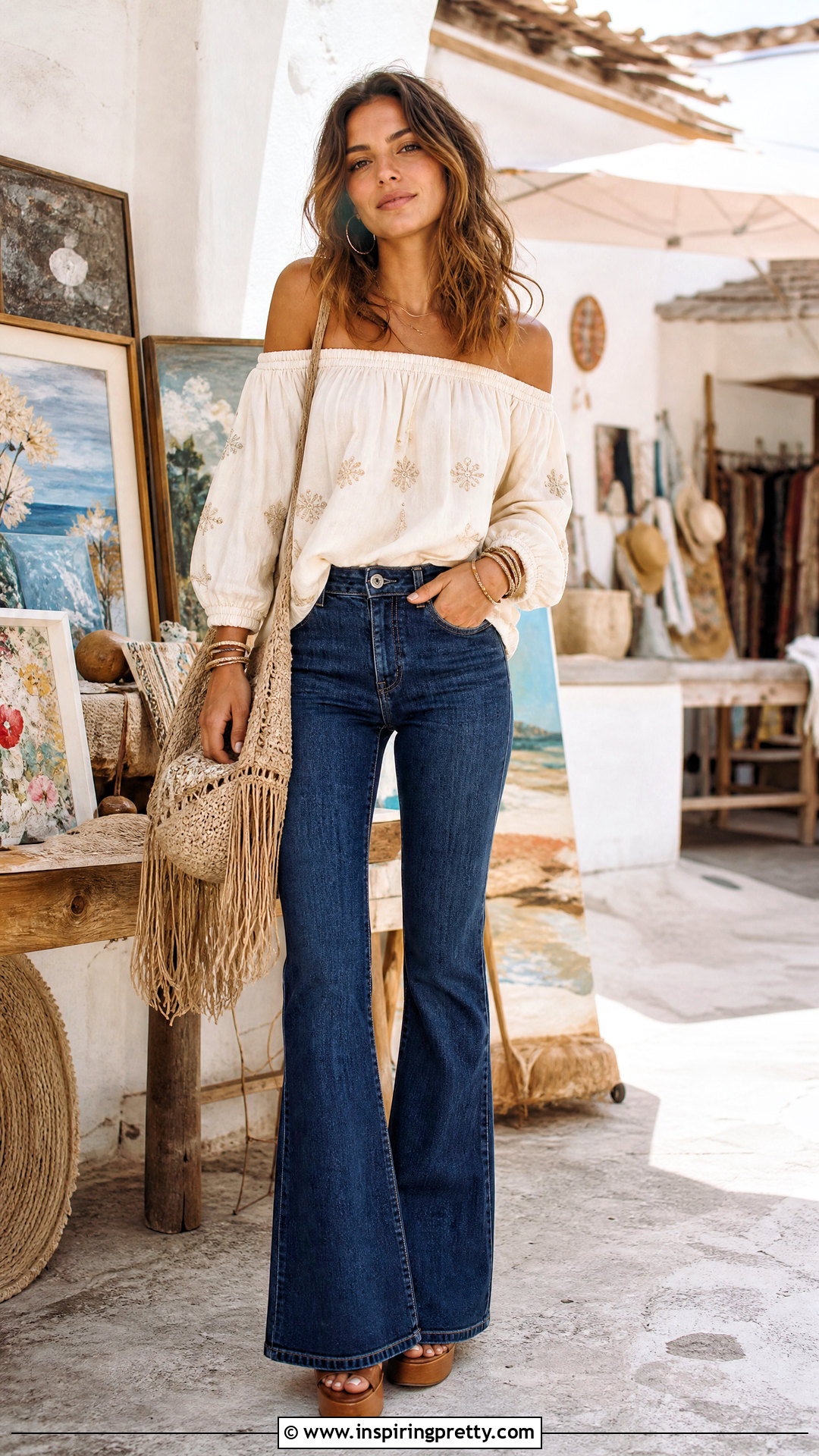 Boho Bardot Top With Flare Pants - 50 bardot top outfit ideas