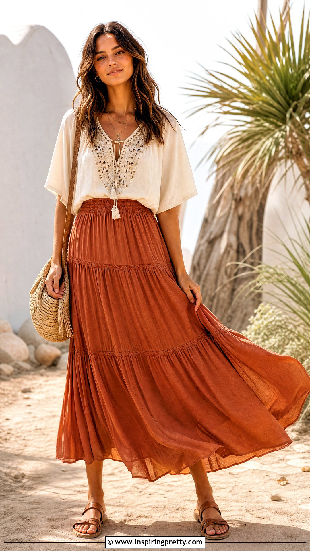 Boho Beaded Blouse With Tiered Maxi Skirt - 50 beaded tops outfit ideas