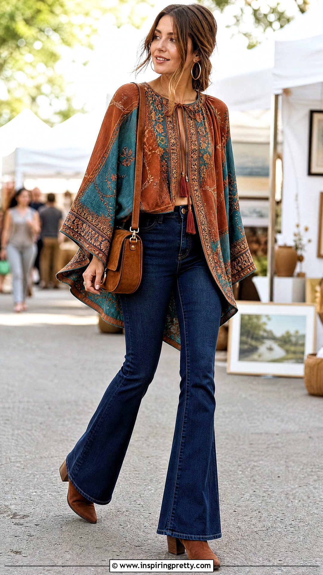 Boho Cape Top With Flared Jeans - 50 Cape Top outfit ideas