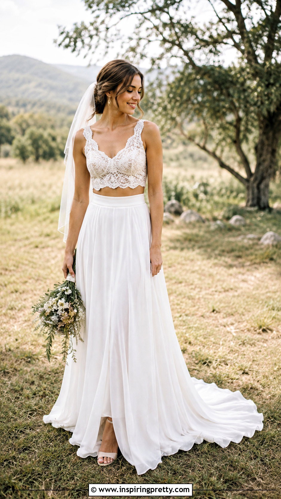 Boho Crochet Lace Crop Top Bridal Dress - 25 crop top bridal dress outfit ideas