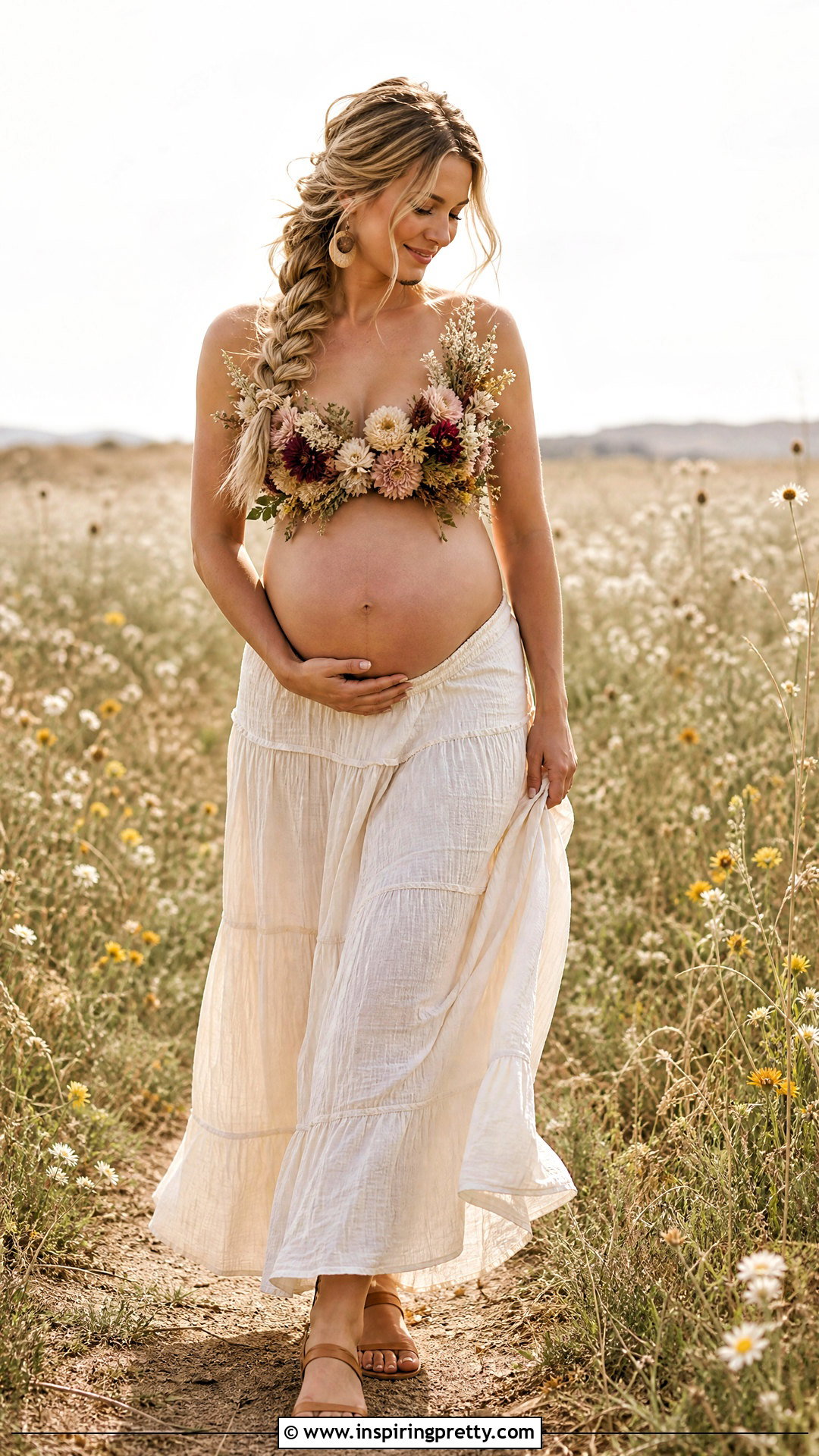 Boho Flower Top With Tiered Maxi Skirt - 20 maternity flower top photoshoot ideas