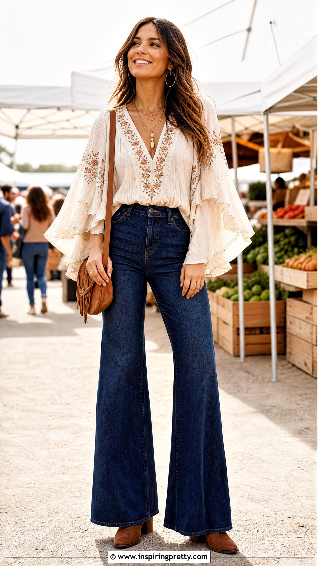 Boho Flutter Long Sleeve Top With Flared Jeans - 20 flutter long sleeve top outfit ideas