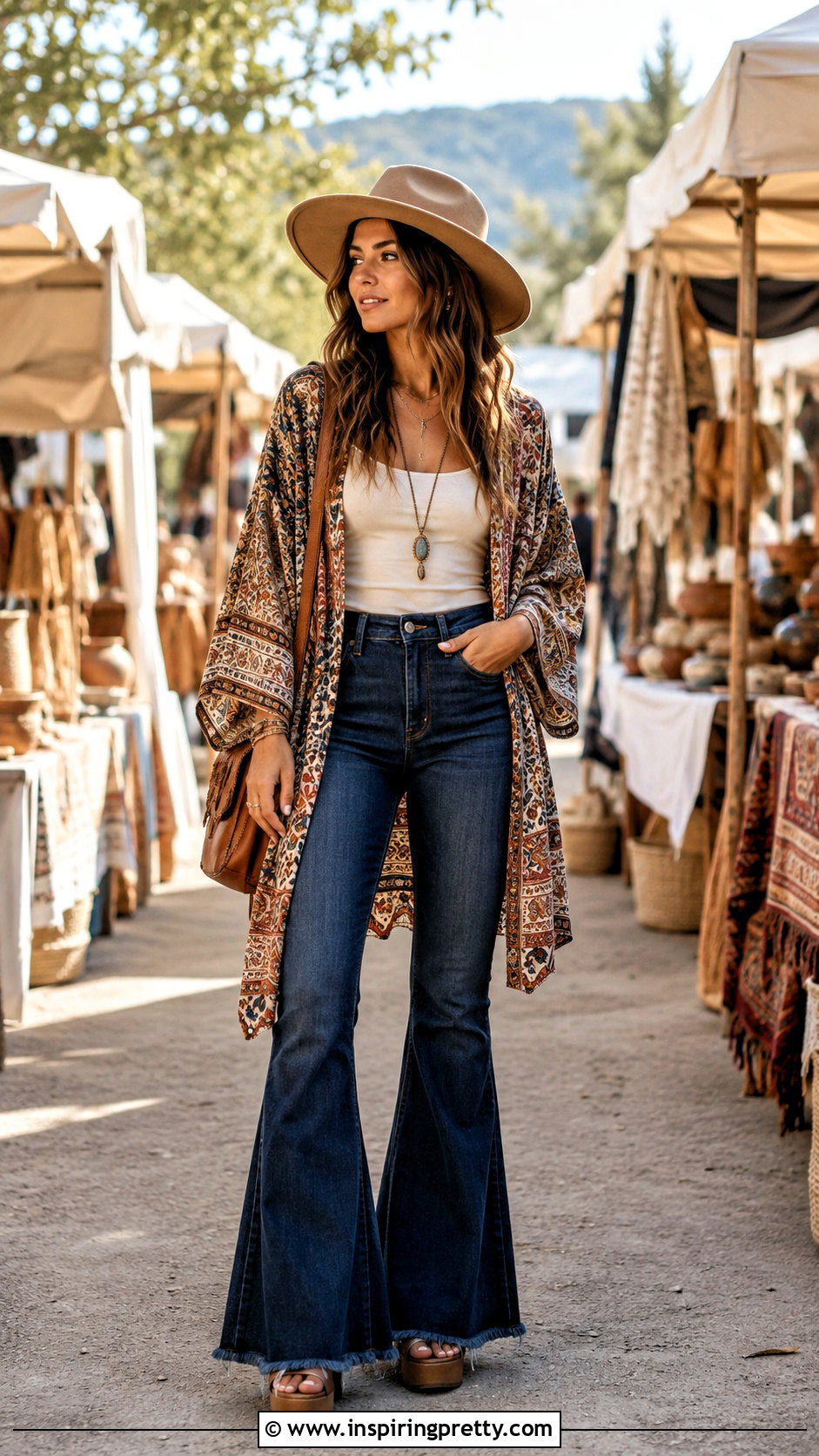 Boho Kimono Top With Flared Jeans - 50 kimono top outfit ideas