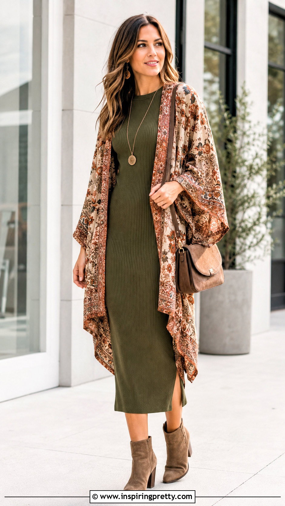 Boho Kimono Top With Knit Dress - 20 boho kimono top outfit ideas