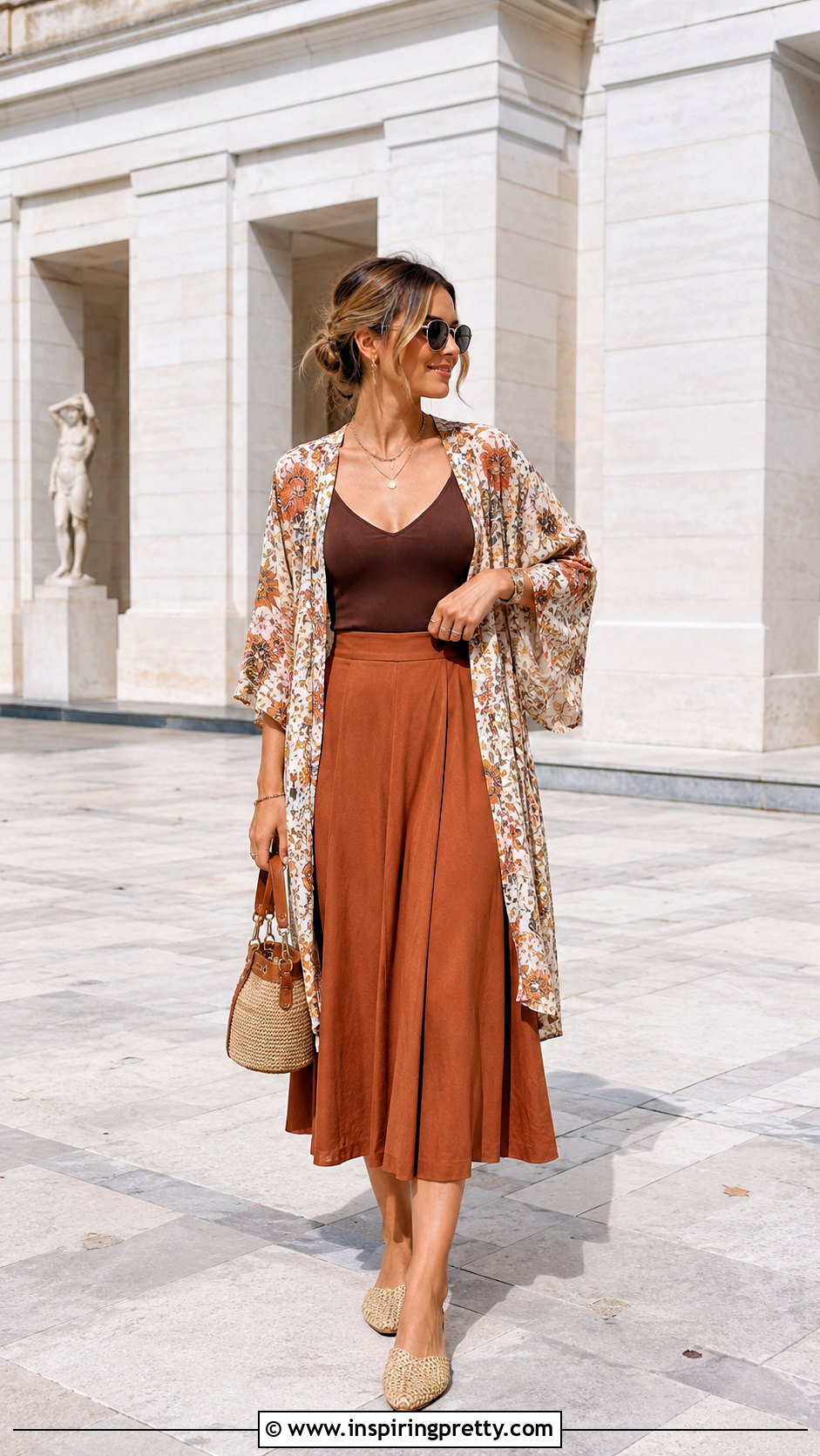 Boho Kimono Top With Midi Skirt - 20 boho kimono top outfit ideas