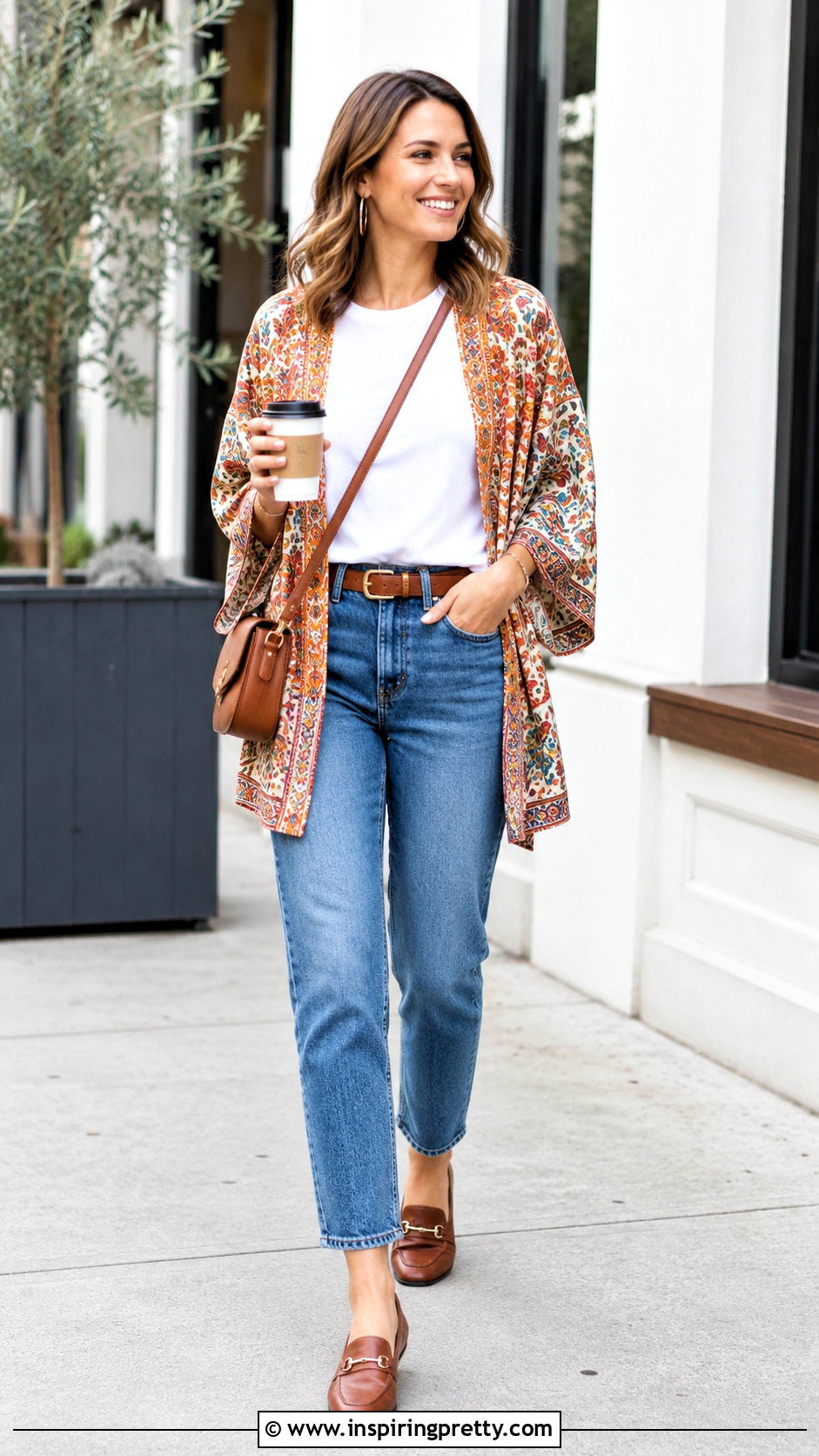 Boho Kimono Top With Straight Leg Jeans - 20 boho kimono top outfit ideas