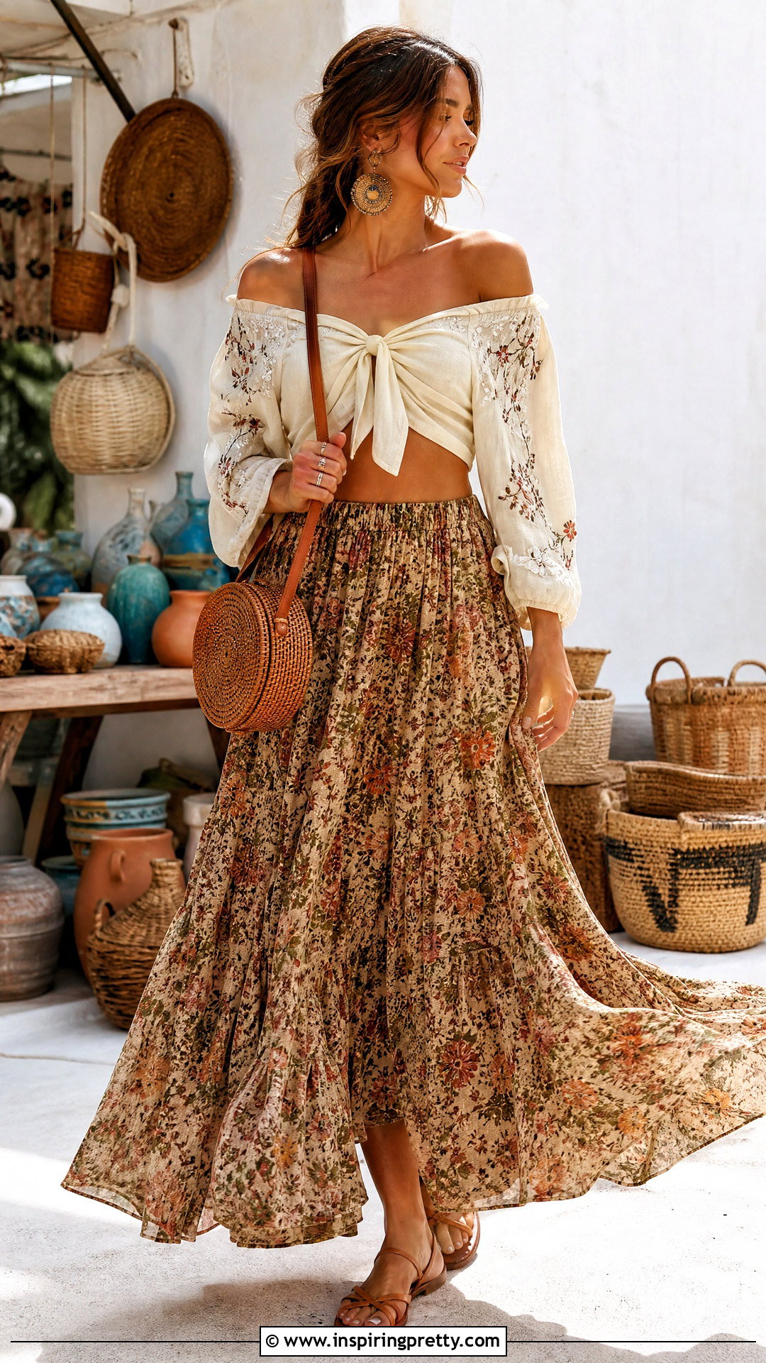 Boho Knot Off The Shoulder Top With A Printed Maxi Skirt - 20 Knot Off The Shoulder Top outfit ideas