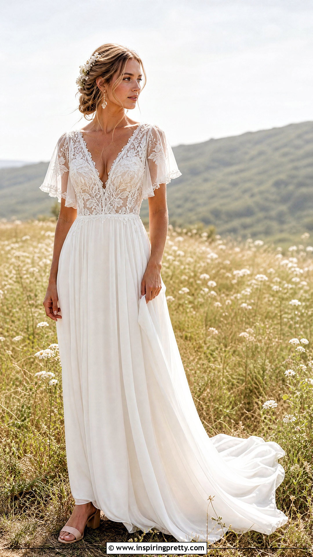 Boho Lace Top Chiffon Wedding Dress - 25 lace top flowy bottom wedding dress outfit ideas