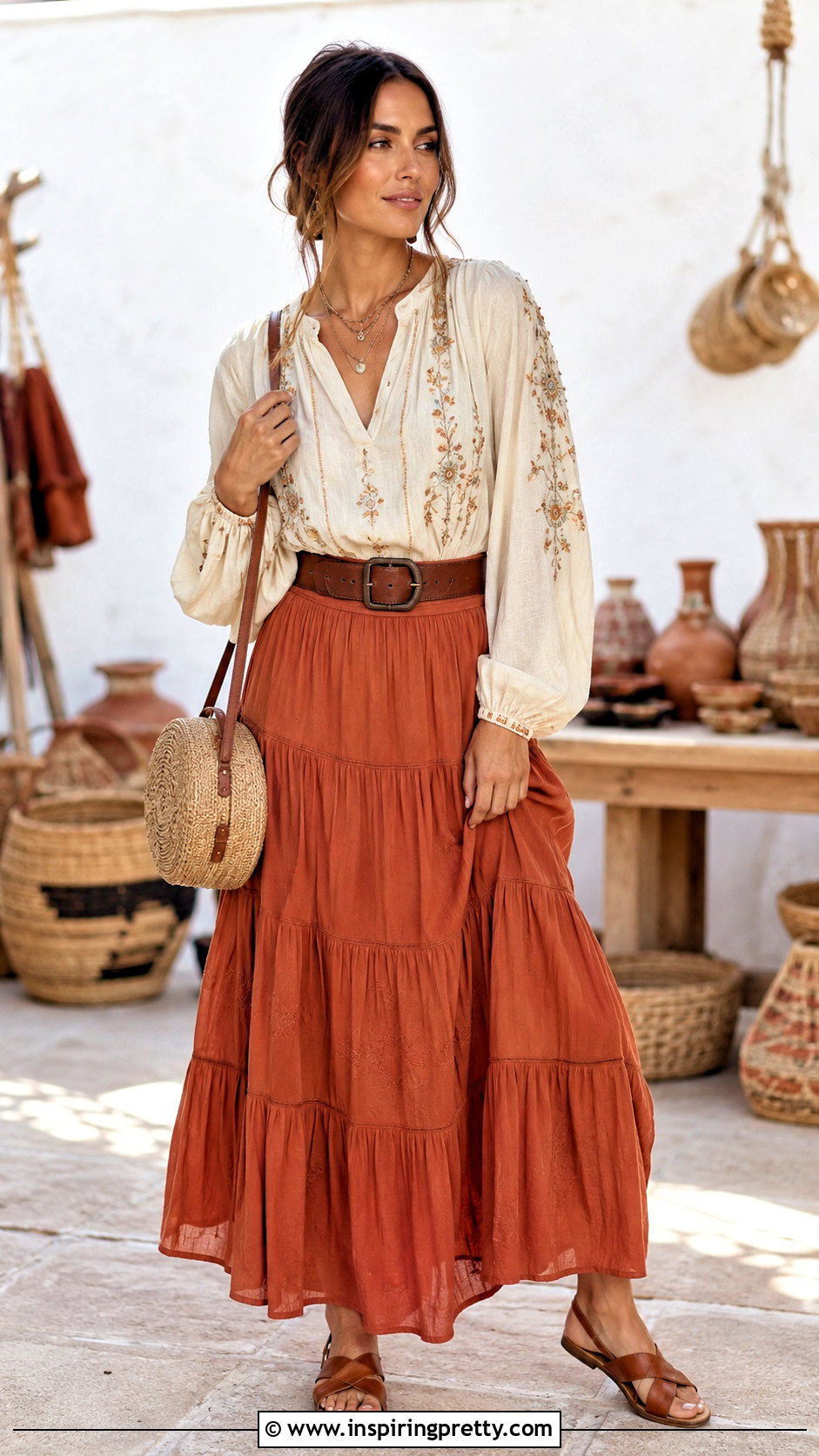 Boho Linen Top With Tiered Maxi Skirt - 50 linen tops outfit ideas