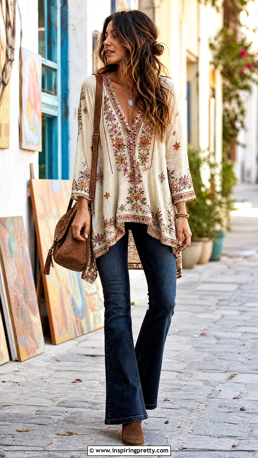 Boho Long Top With Flared Jeans - 50 long tops for women