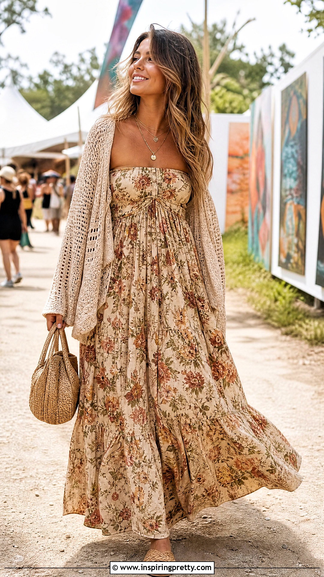 Boho Maxi Tube Dress With Woven Sandals - 50 tube top dress outfit ideas
