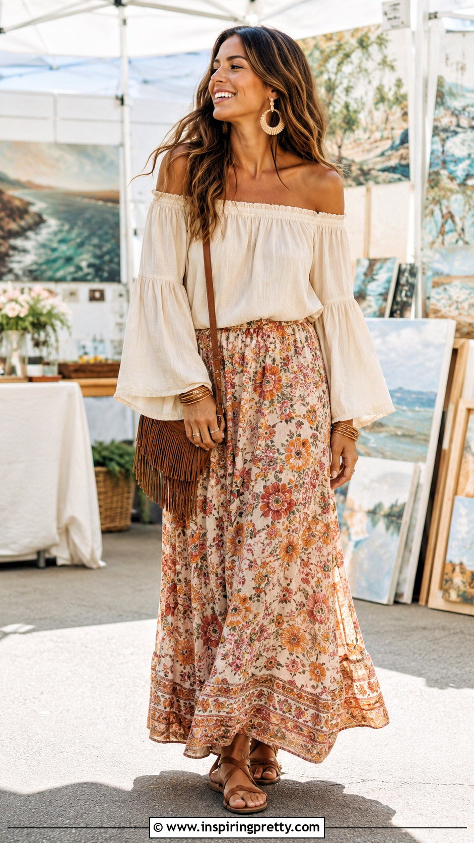 Boho Off Shoulder Flare Sleeve Top With Maxi Skirt - 25 Off Shoulder Flare Sleeve Top outfit ideas