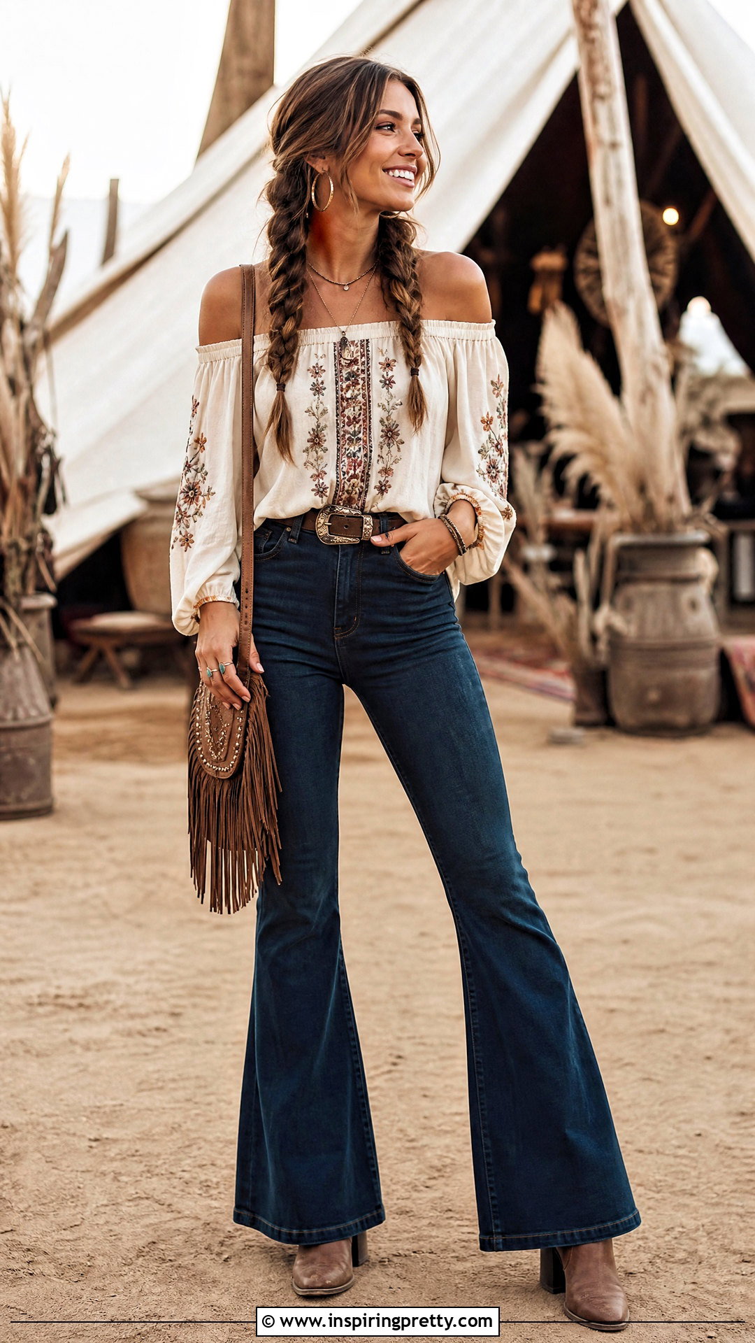 Boho Off Shoulder Top With Loose Braids and Flared Jeans - 50 hairstyle for off shoulder top outfit ideas