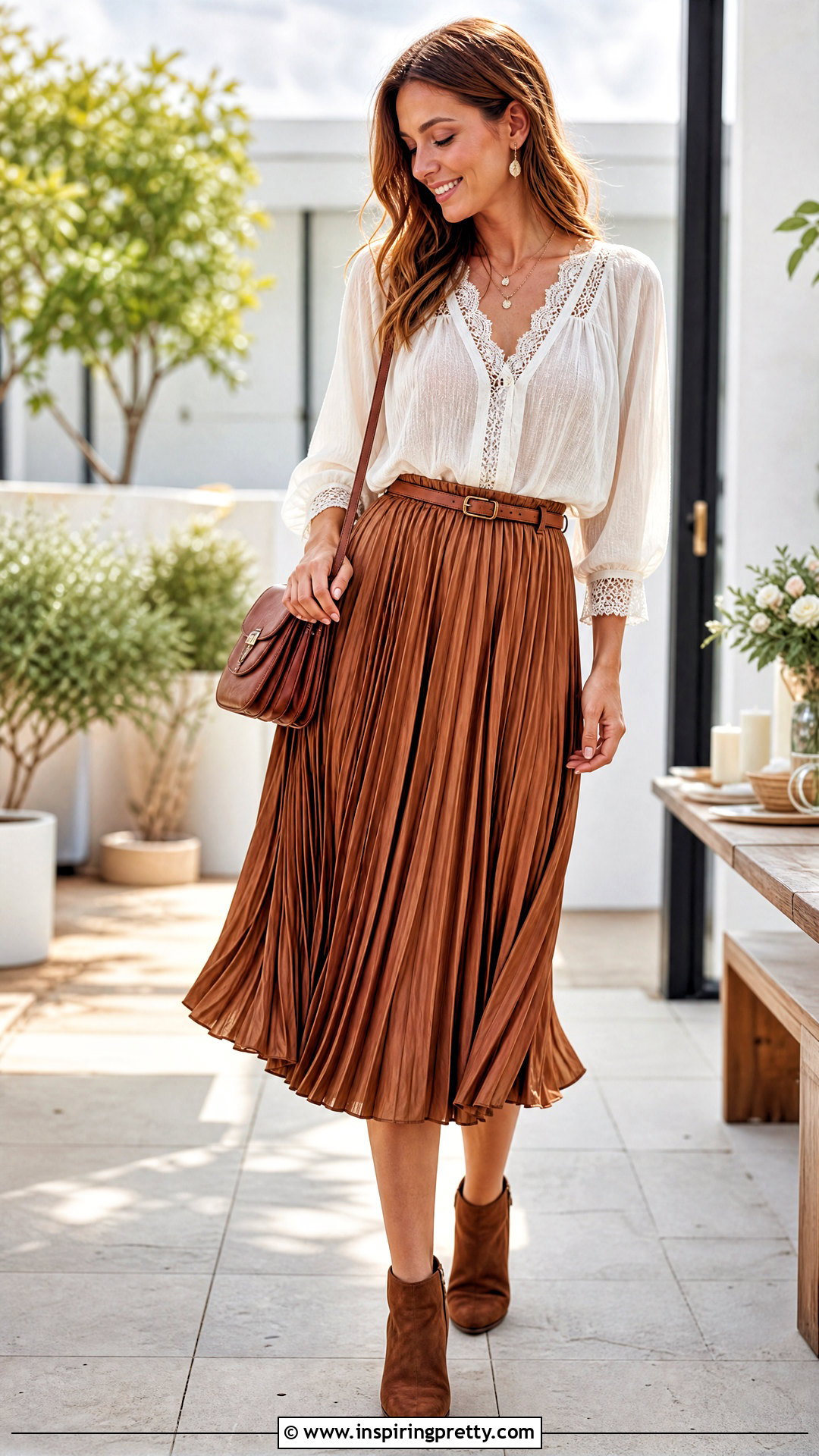 Boho Top With Pleated Midi Skirt - 50 boho tops outfit ideas