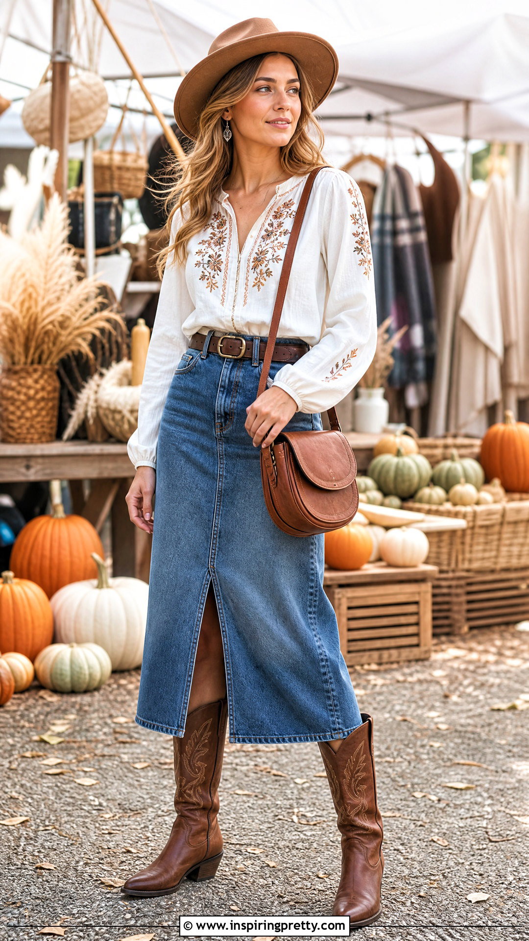 Boho Top With Western Boots And Denim Skirt - 50 boho tops outfit ideas