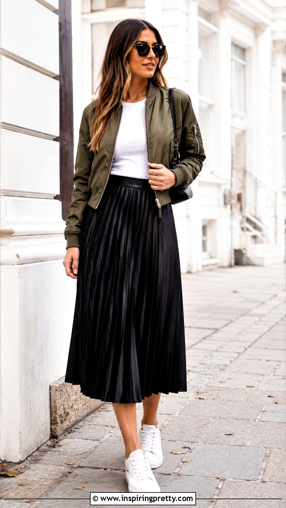 Bomber Jacket And Pleated Midi Skirt Outfit - 50 top and skirt outfit ideas