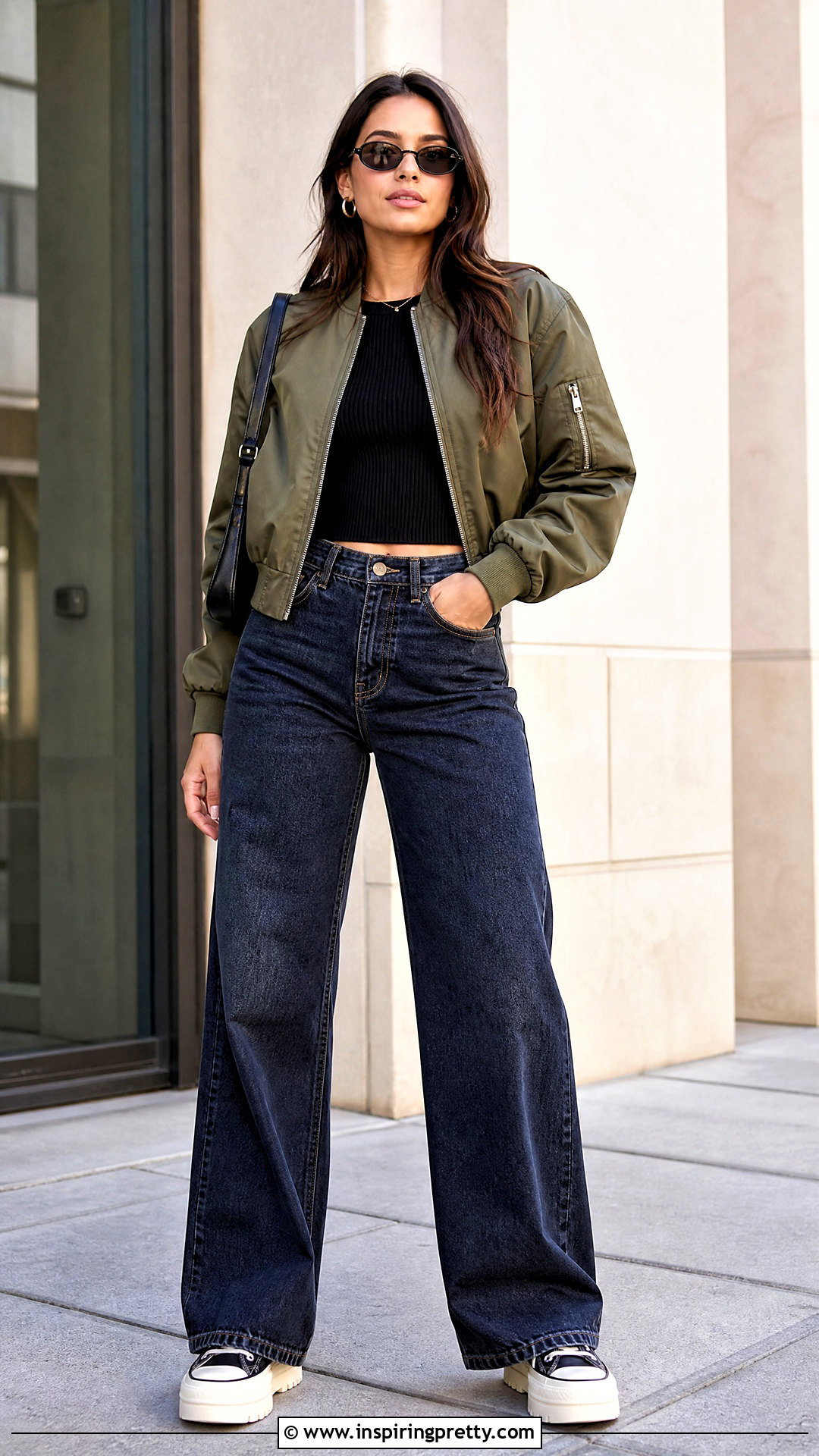 Bomber Jacket And Wide Leg Jeans Outfit - 50 gathered top outfit ideas
