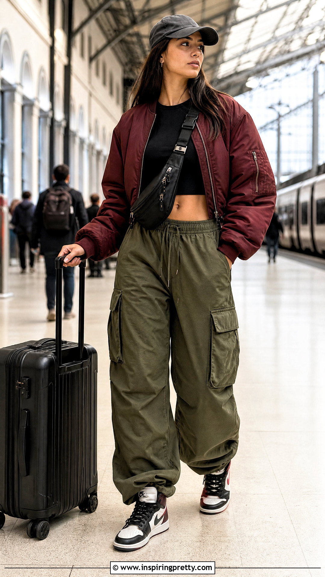 Bomber Jacket With Crop Top And Cargo Pants - 50 baggy pants crop top outfit ideas