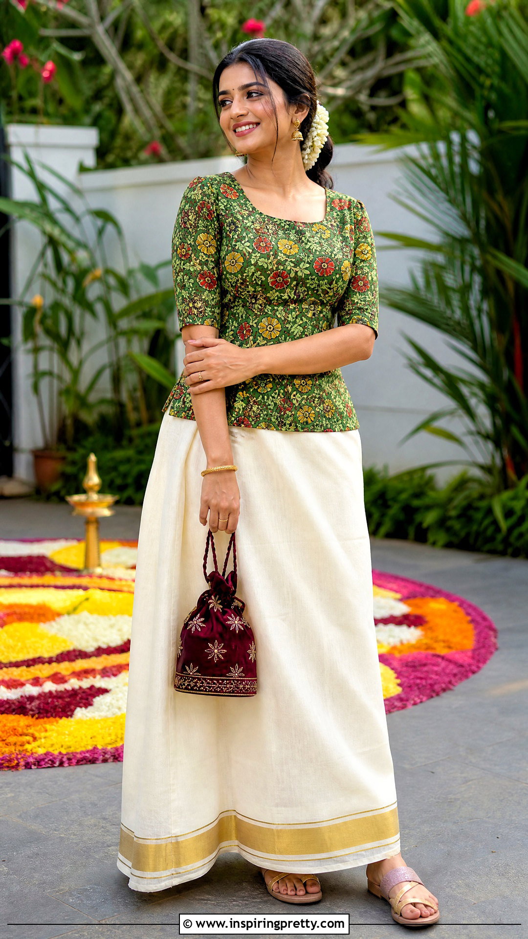 Botanical Print Top And Kasavu Onam Skirt - 50 latest onam skirt and top designs