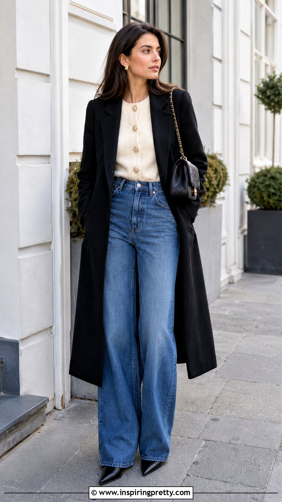 Boucle Cardigan With Wide Leg Jeans - 50 cute winter tops outfit ideas