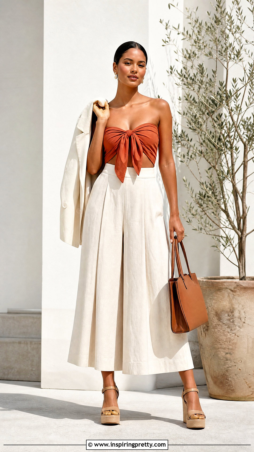 Bow Bandeau Top With High Waisted Culottes - 25 bow bandeau top outfit ideas
