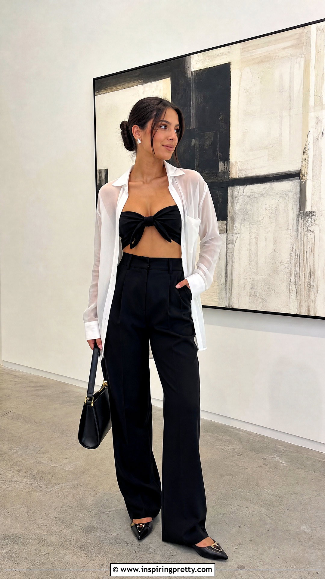 Bow Bandeau Top With Sheer Shirt And Trousers - 25 bow bandeau top outfit ideas