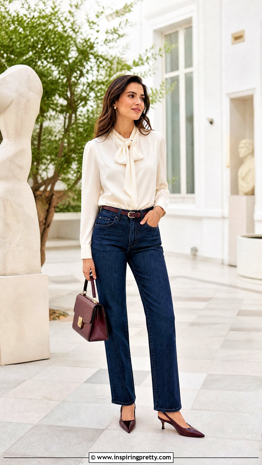 Bow Blouse And Straight Jeans Outfit - 50 aesthetic jeans top outfit ideas