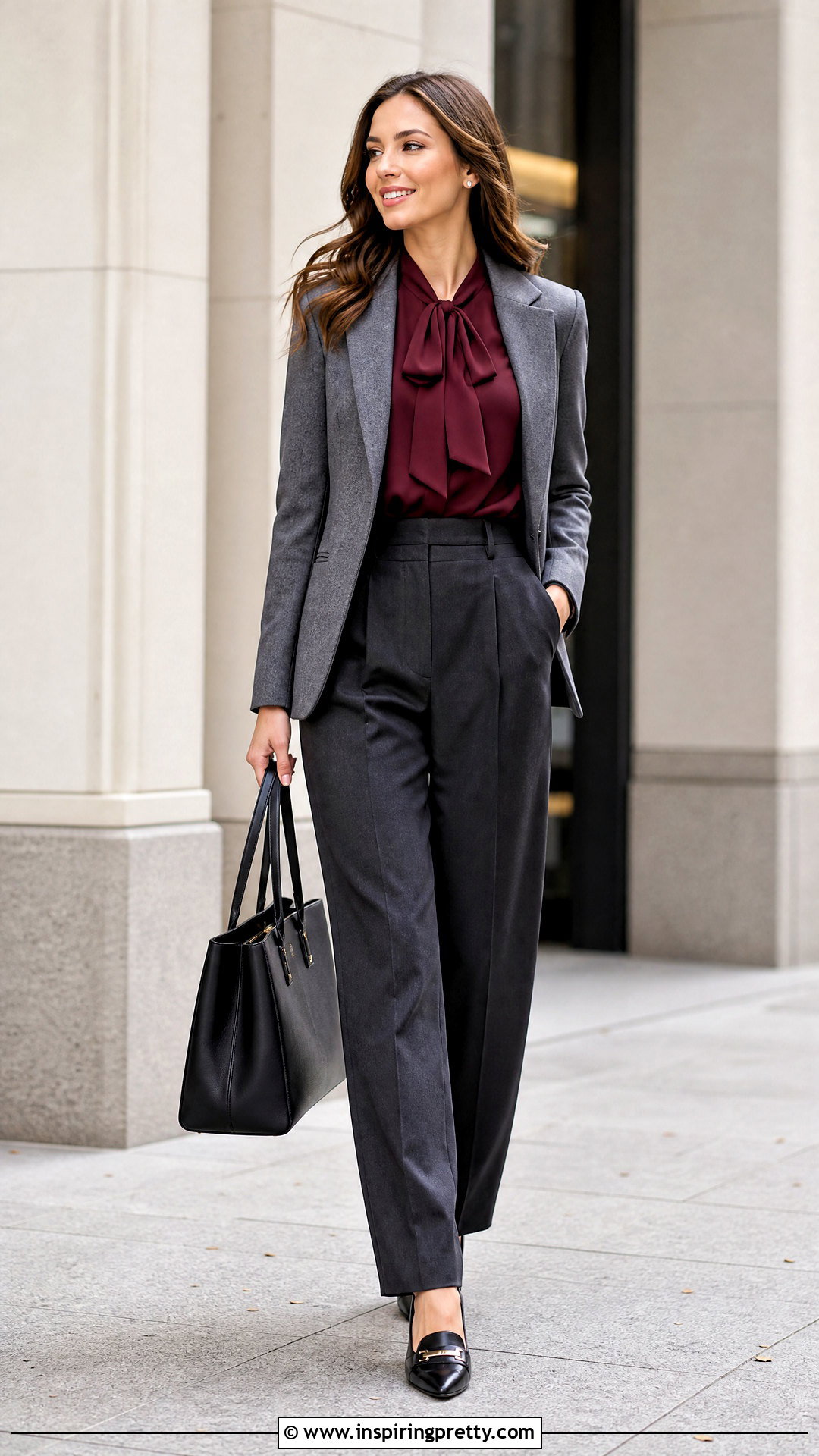 Bow Blouse Top With Pleated Trousers - 50 fall tops outfit ideas