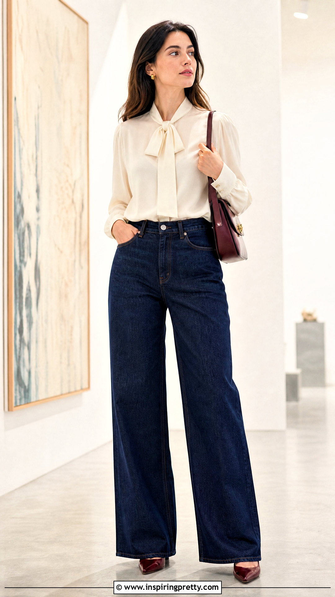Bow Collar Modest Blouse With Wide Leg Jeans - 50 modest tops for women