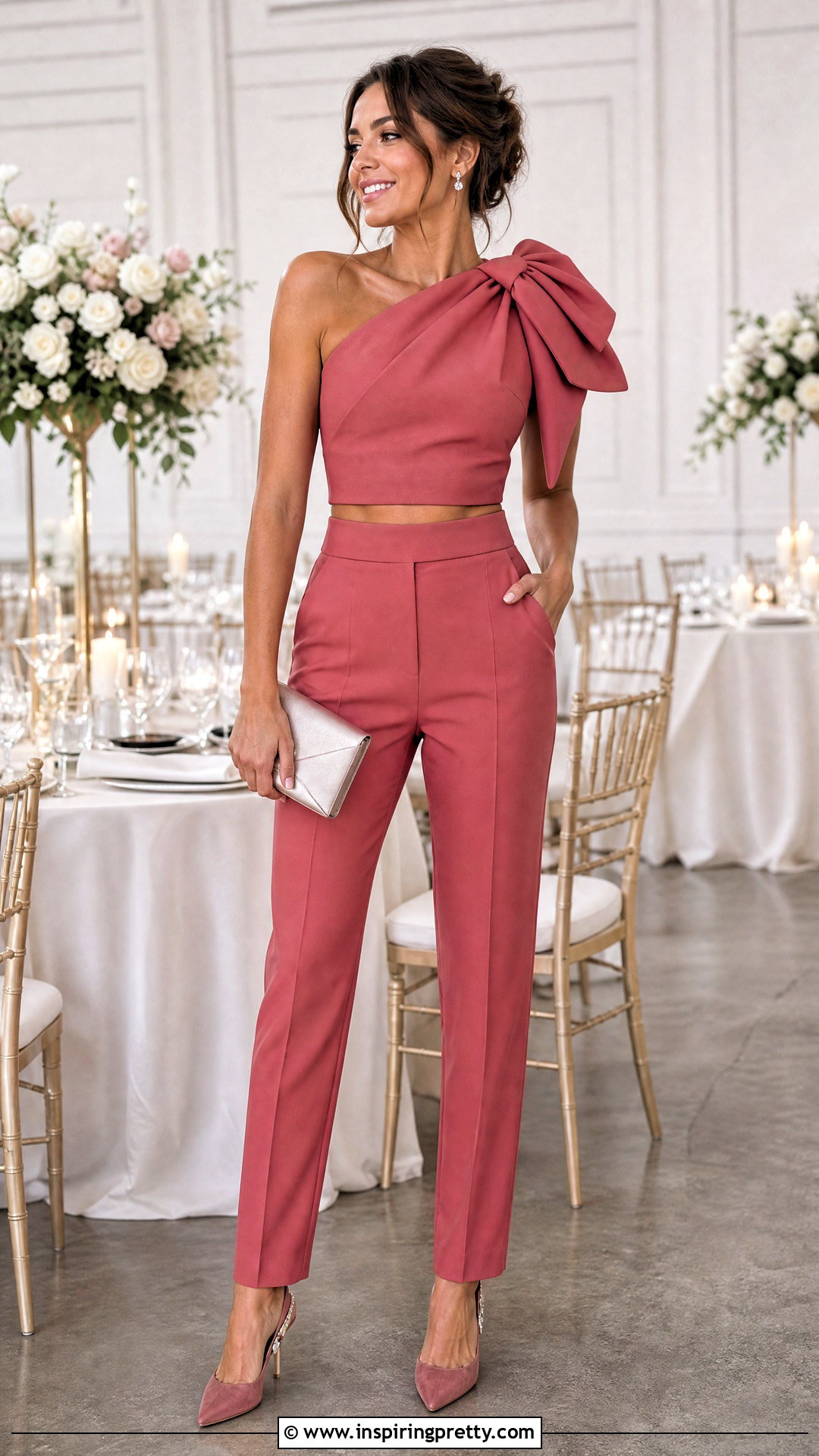 Bow Crop Top And Tailored Pants Wedding Outfit - 25 crop top pants wedding ideas