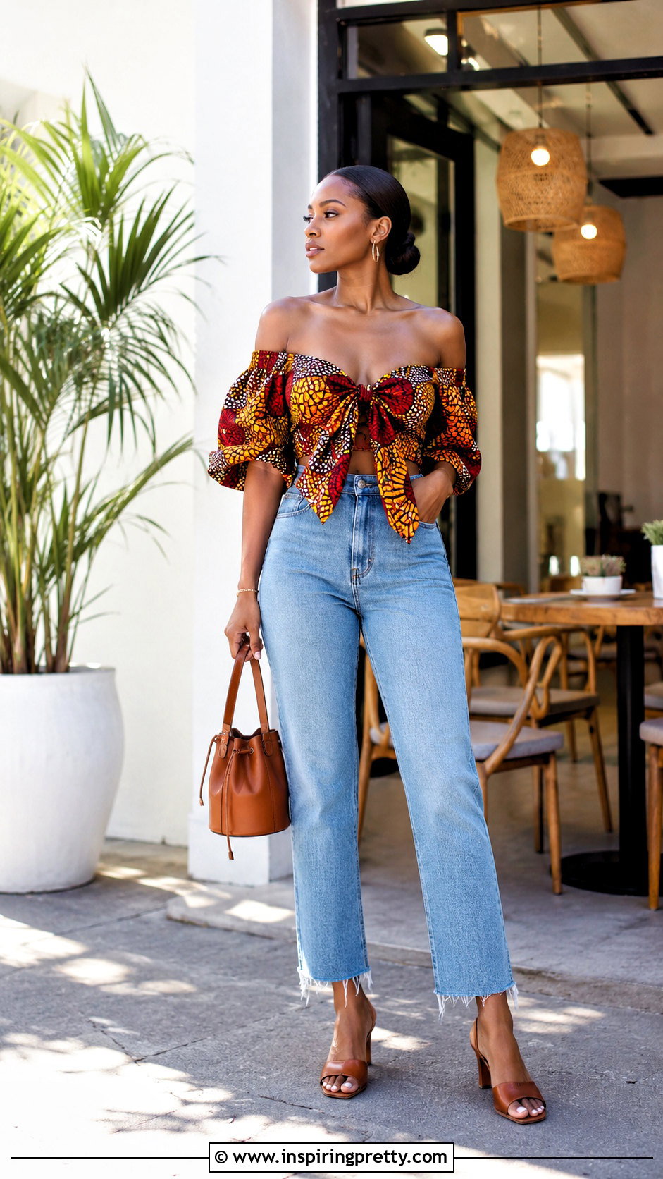 Bow Front Ankara Off Shoulder Top With Raw Hem Jeans - 20 ankara tops with jeans off shoulder outfits