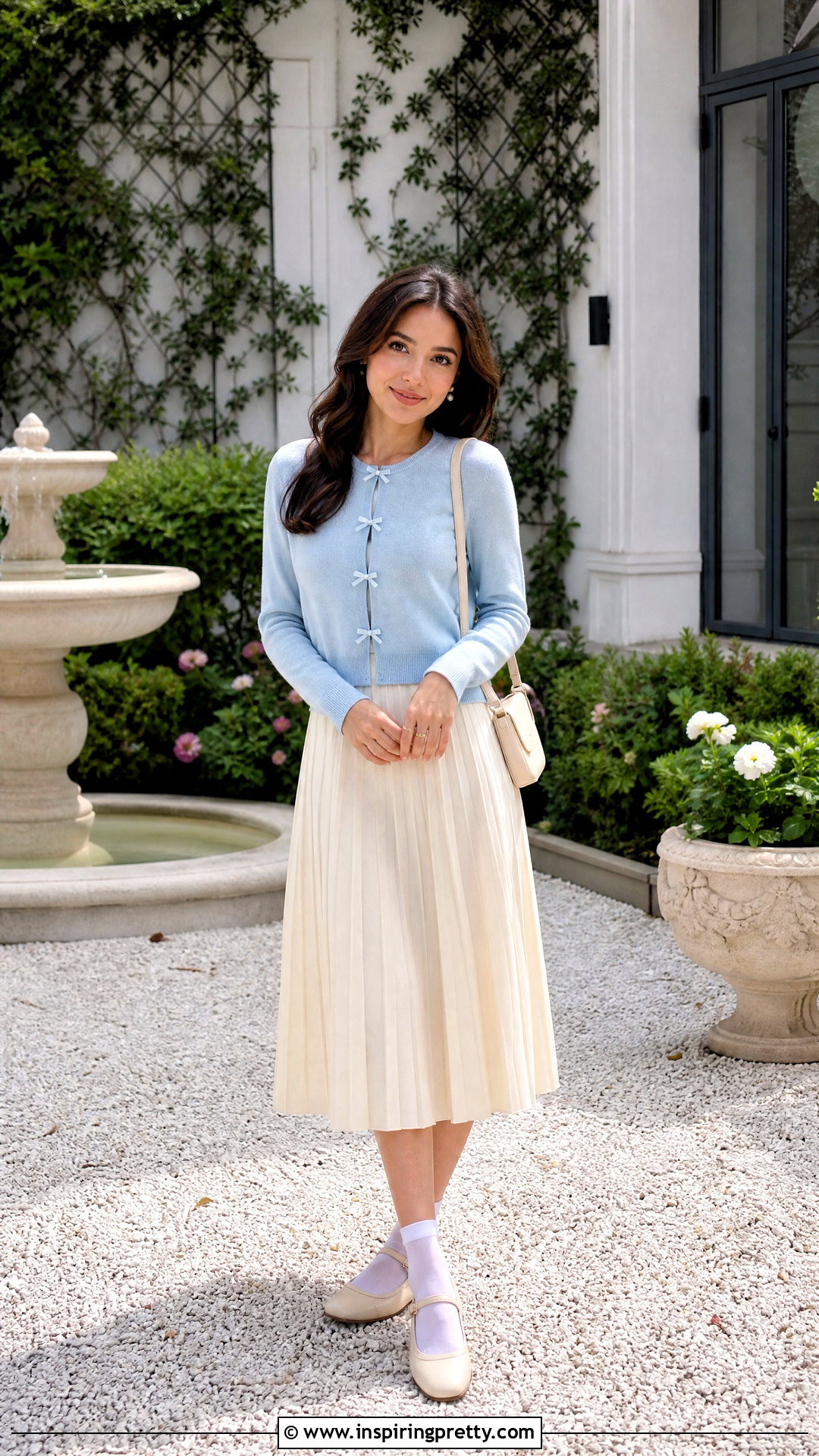 Bow Front Cardigan With Pleated Midi Skirt - 50 whimsical tops outfit ideas