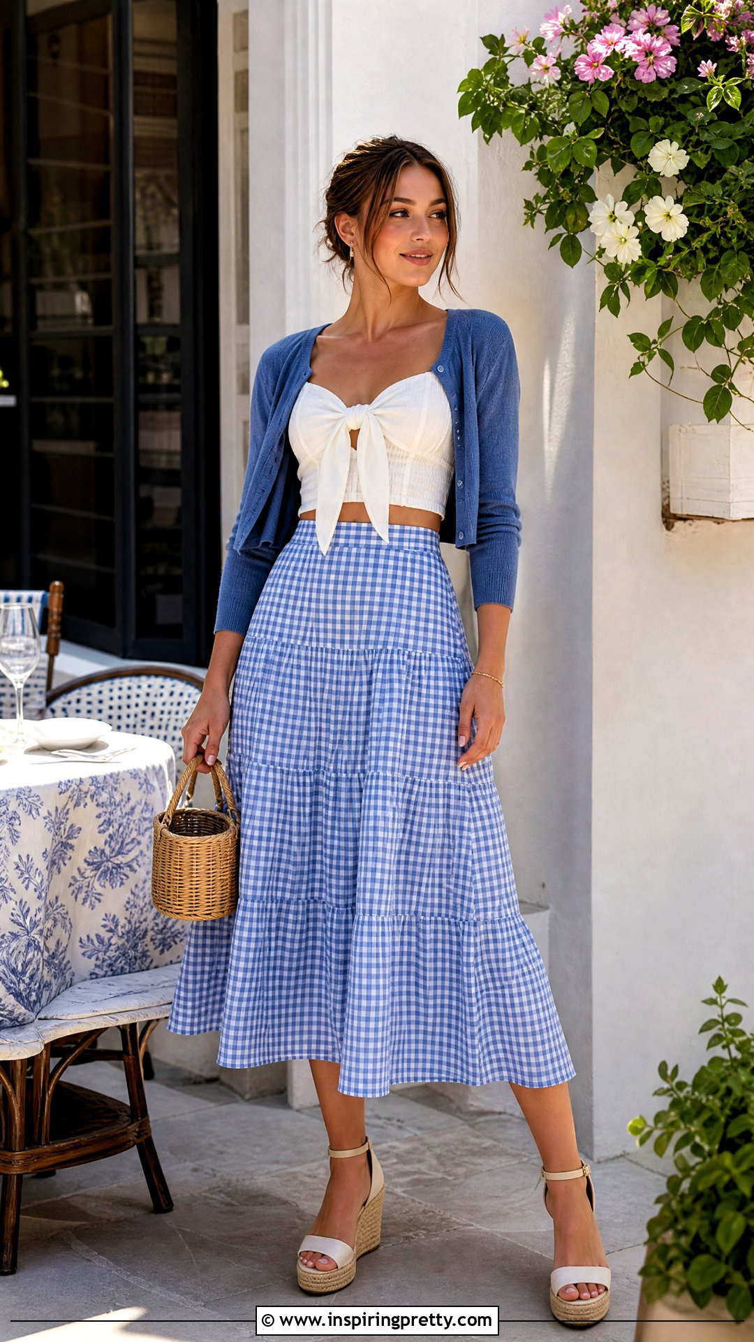 Bow Front Crop Top And Gingham Midi Skirt - 50 crop top and skirt outfit ideas