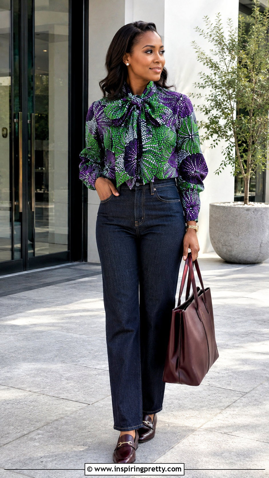 Bow Neck Ankara Blouse With Straight Jeans - 50 Simple Ankara Tops With Jeans