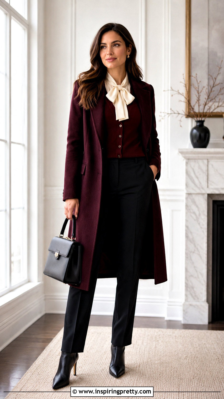 Bow Neck Blouse Under A Cardigan - 50 cute winter tops outfit ideas