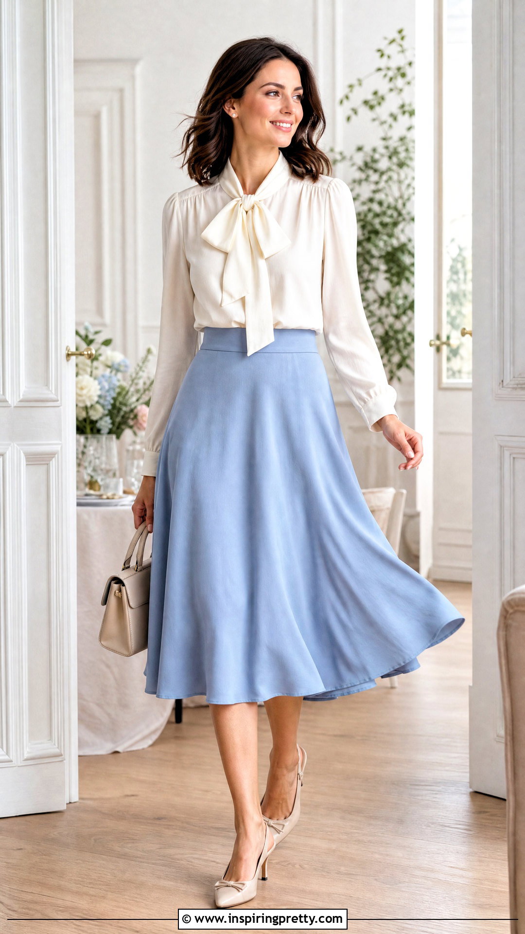 Bow Neck Blouse With A Line Skirt - 50 tops designs