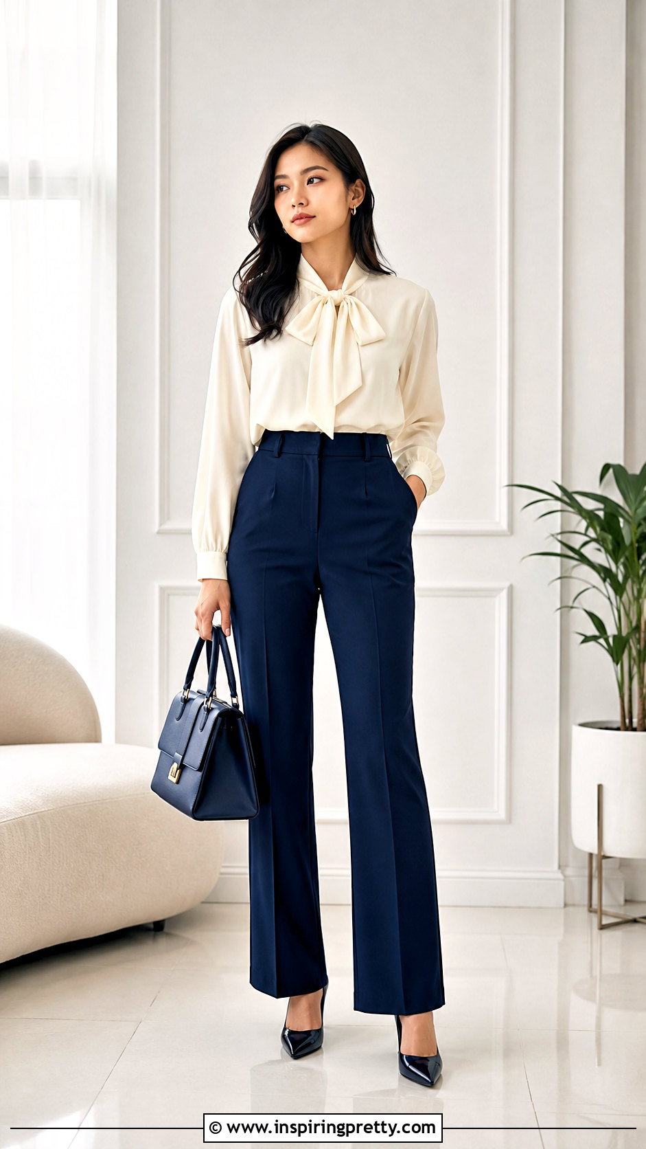 Bow Neck Mizo Sunday Top With Tailored Trousers - 50 Mizo Sunday Tops outfit ideas
