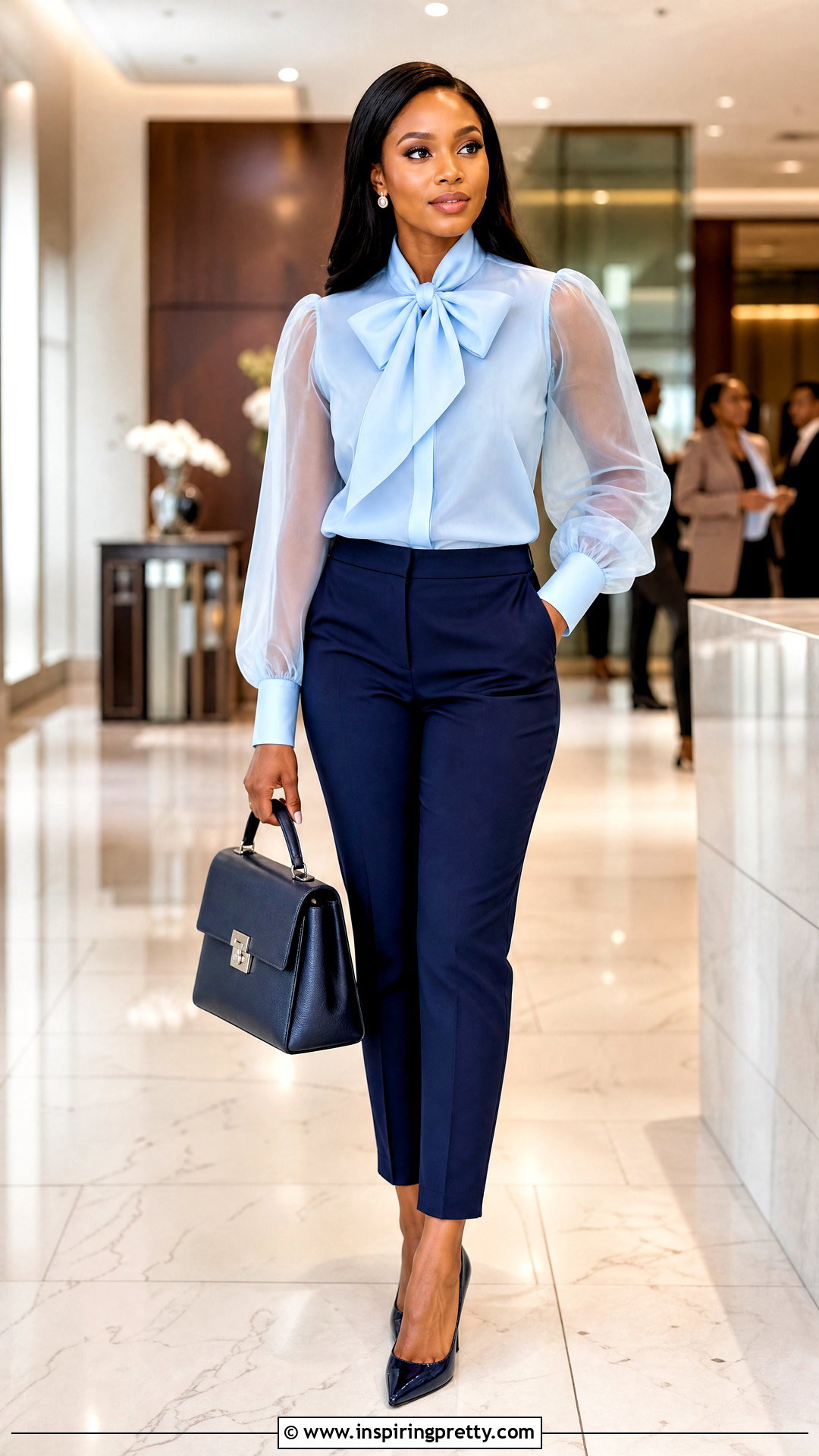 Bow Neck Organza Blouse With Pencil Pants - 20 Nigerian Organza Tops Blouses