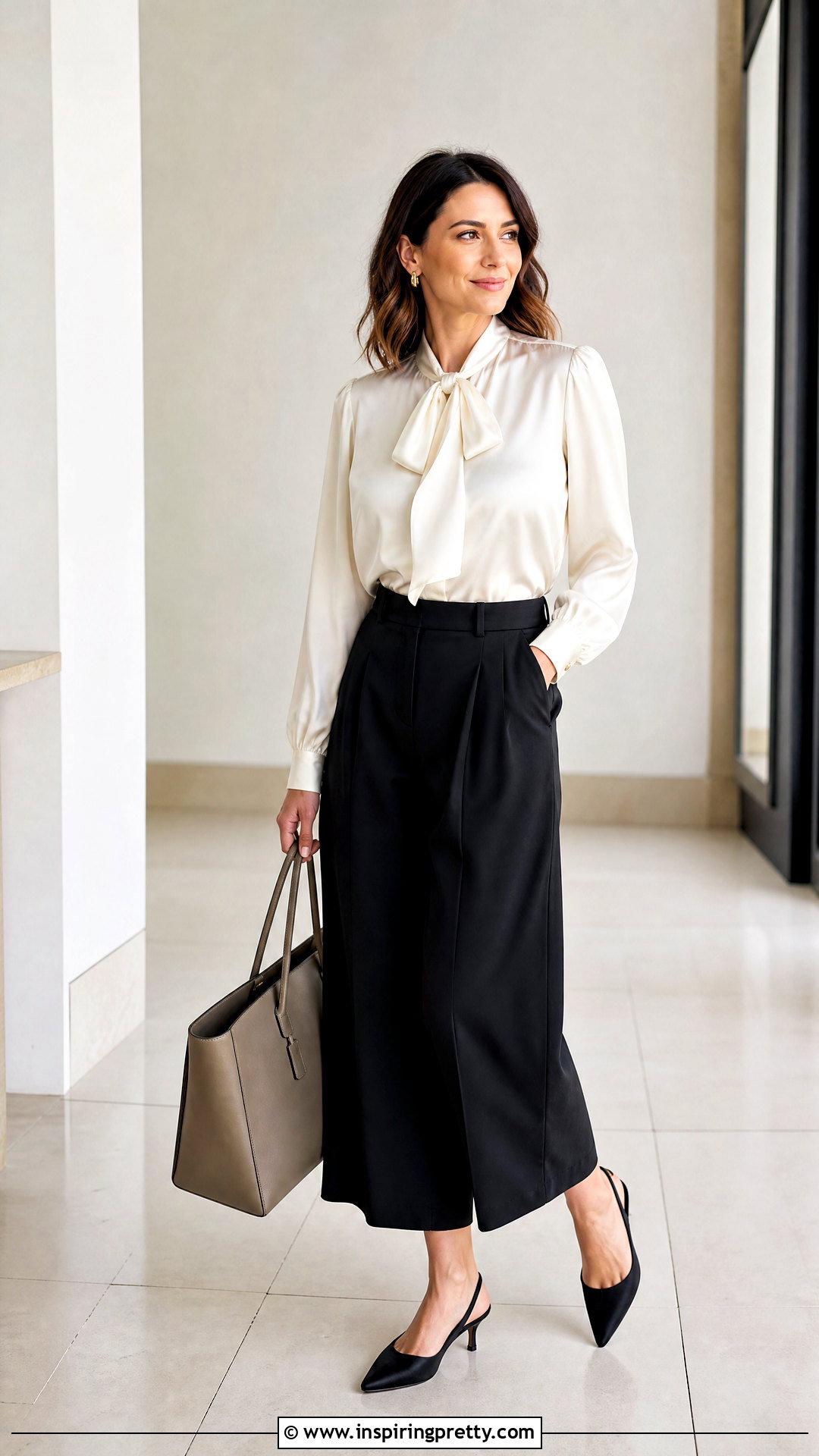 Bow Neck Satin Top With Culottes - 50 Satin Top Designs