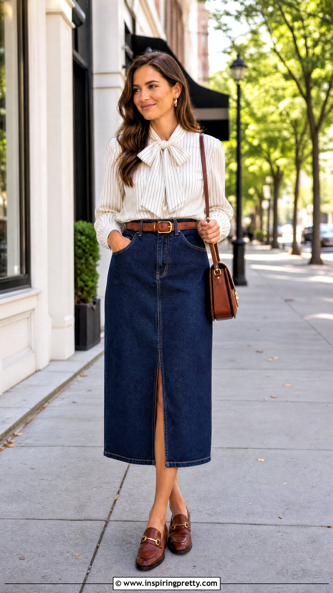 Bow Tie Top With Denim Midi Skirt - 20 Simple Bow Tie Top outfit ideas