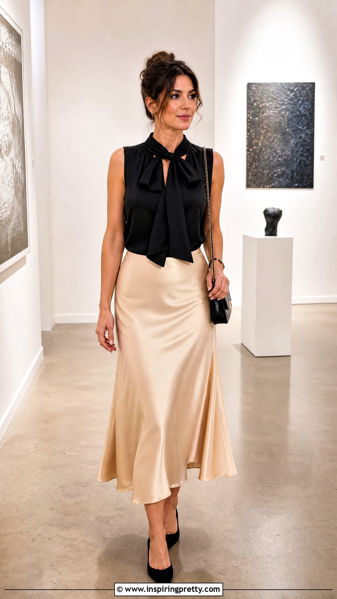 Bow Tie Top With Satin Midi Skirt - 20 Simple Bow Tie Top outfit ideas