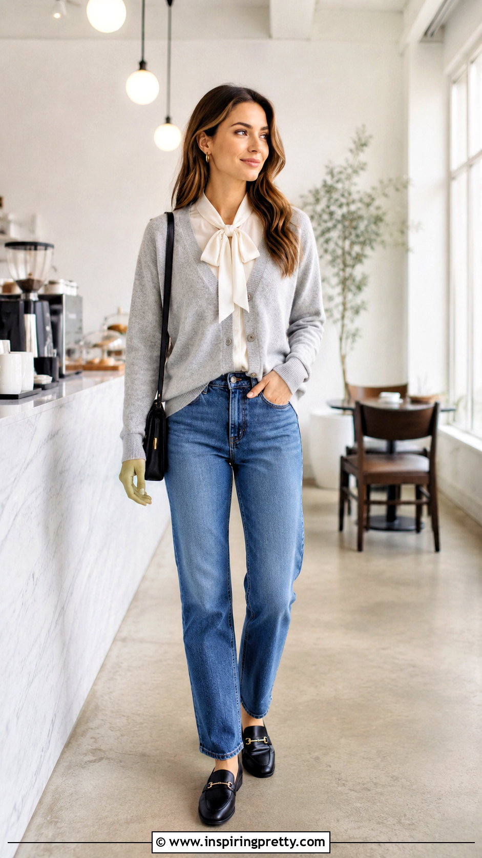 Bow Top With a Cardigan and Jeans - 50 bow top outfit ideas