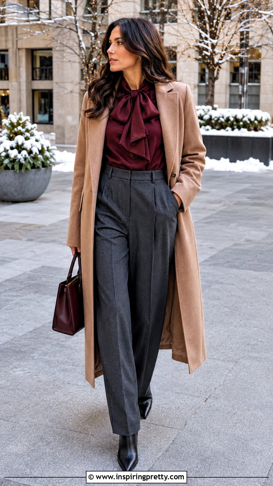 Bow Top With a Long Wool Coat - 50 bow top outfit ideas