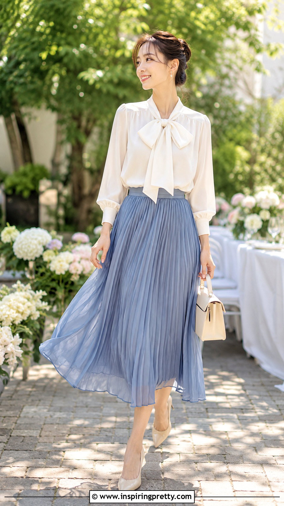 Bow Top With a Pleated Midi Skirt - 50 bow top outfit ideas