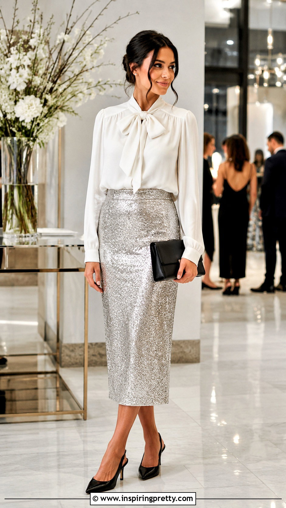 Bow Top With a Sequin Skirt - 50 bow top outfit ideas