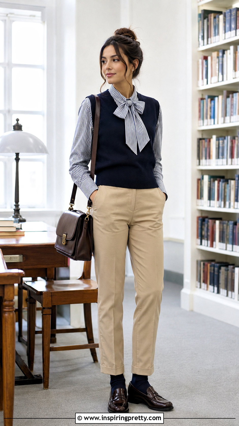 Bow Top With a Sweater Vest and Trousers - 50 bow top outfit ideas